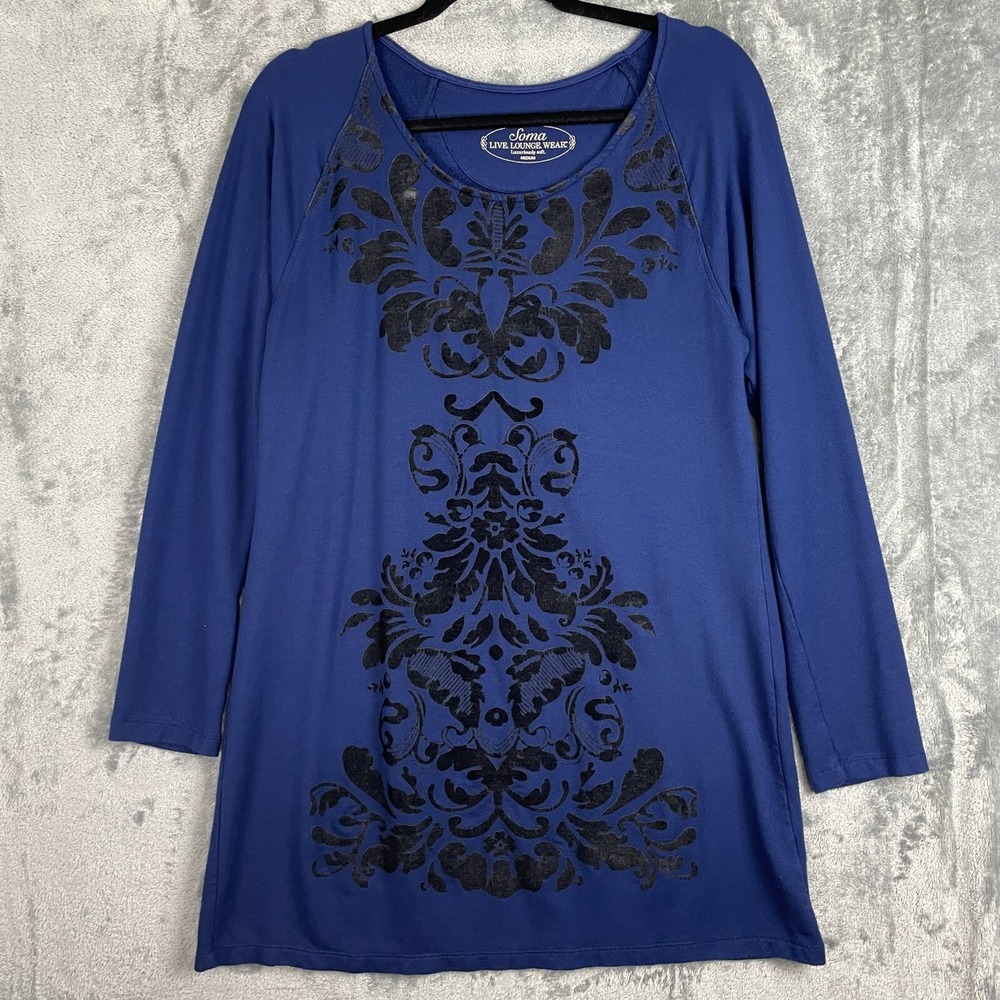 Soma nightgown womens Medium blue Black velvet loungewear sleepwear‎ long sleeve